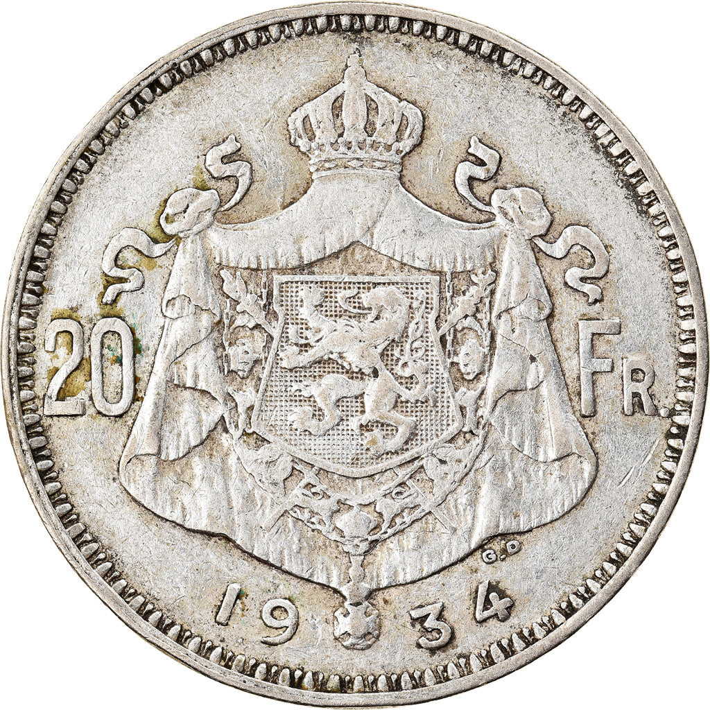 Coin, Belgium, 20 Francs, 20 Frank, 1934, EF(40-45), Silver, KM:104.1