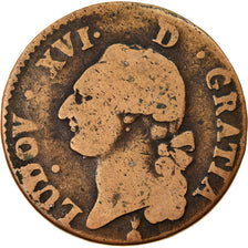 Moneta, Francia, Louis XVI, Sol ou sou, 1791, Metz, B, Rame, KM:578.2
