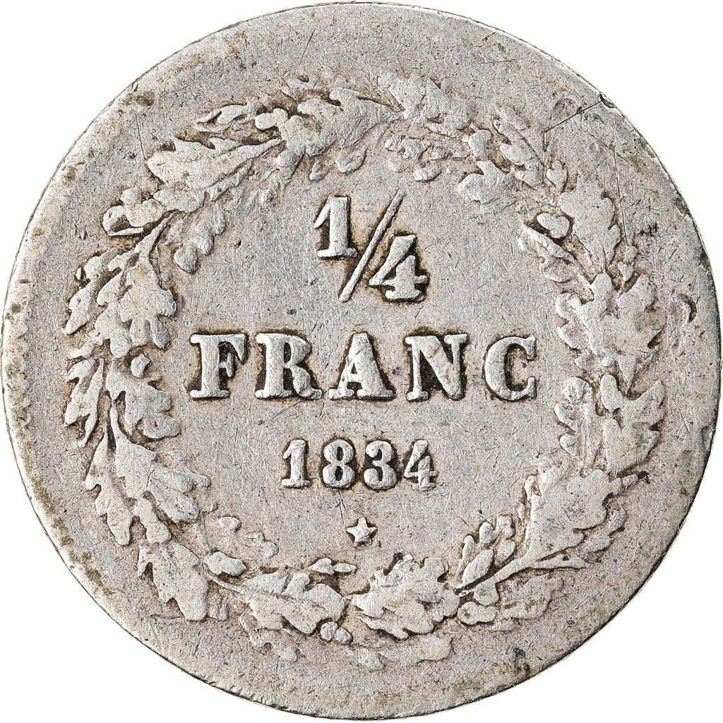 Coin, Belgium, Leopold I, 1/4 Franc, 1834, VF(30-35), Silver, KM:8