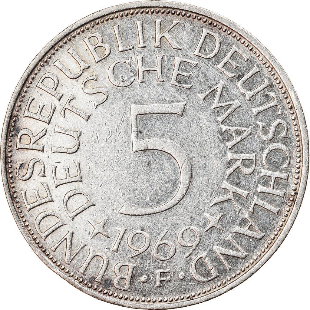 Coin, GERMANY - FEDERAL REPUBLIC, 5 Mark, 1969, Stuttgart, EF(40-45), Silver