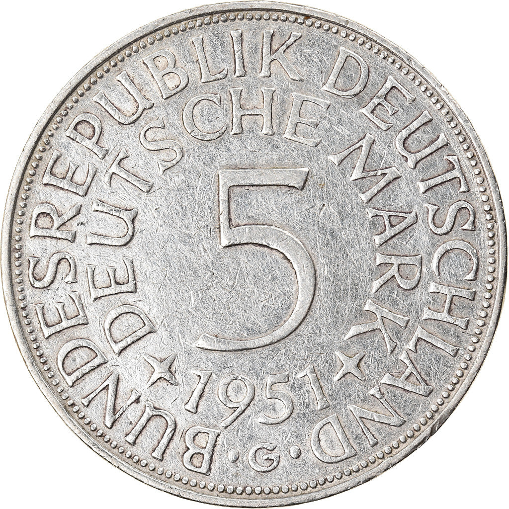 Coin, GERMANY - FEDERAL REPUBLIC, 5 Mark, 1951, Karlsruhe, EF(40-45), Silver