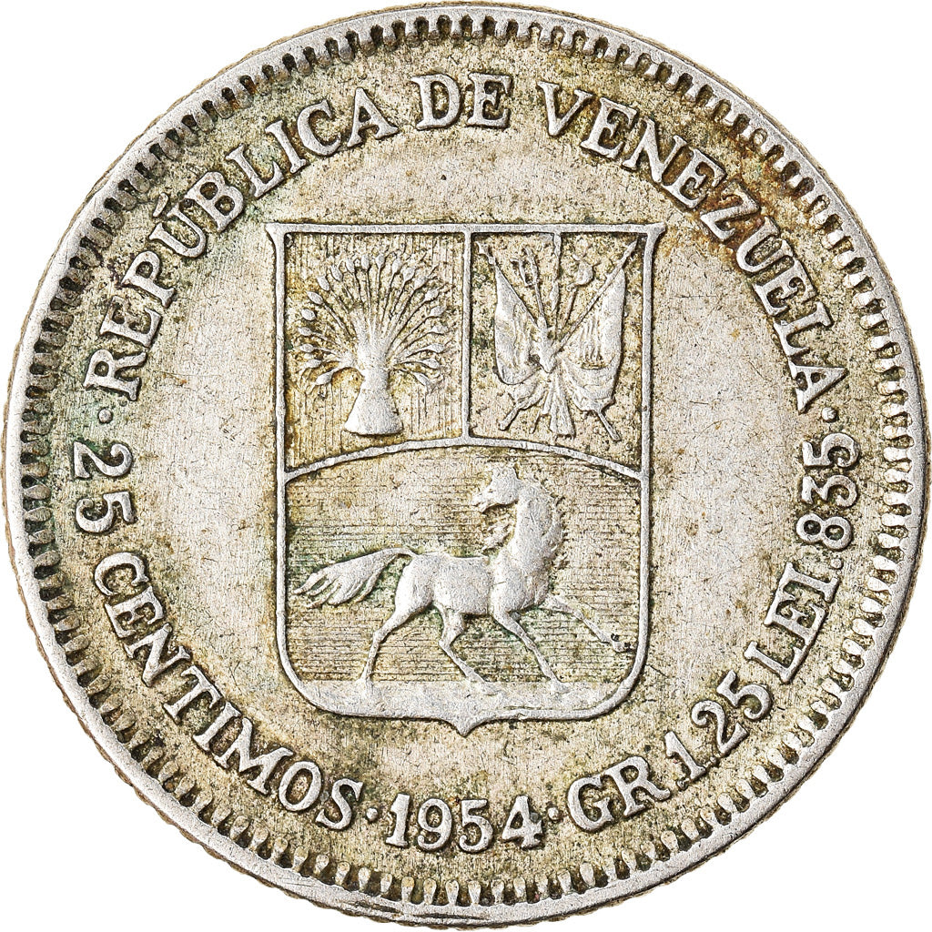 Coin, Venezuela, 25 Centimos, 1954, Philadelphia, EF(40-45), Silver, KM:35