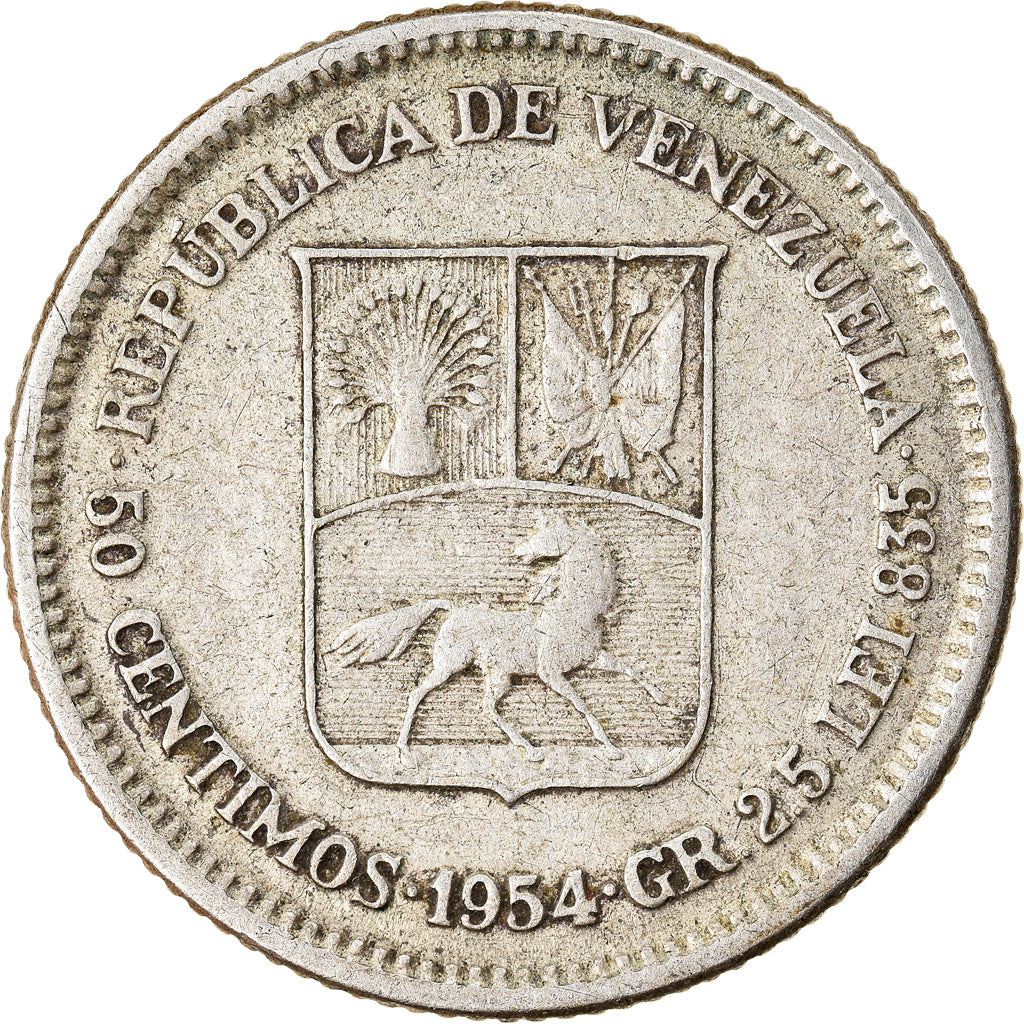 Coin, Venezuela, 50 Centimos, 1954, Philadelphia, EF(40-45), Silver, KM:36