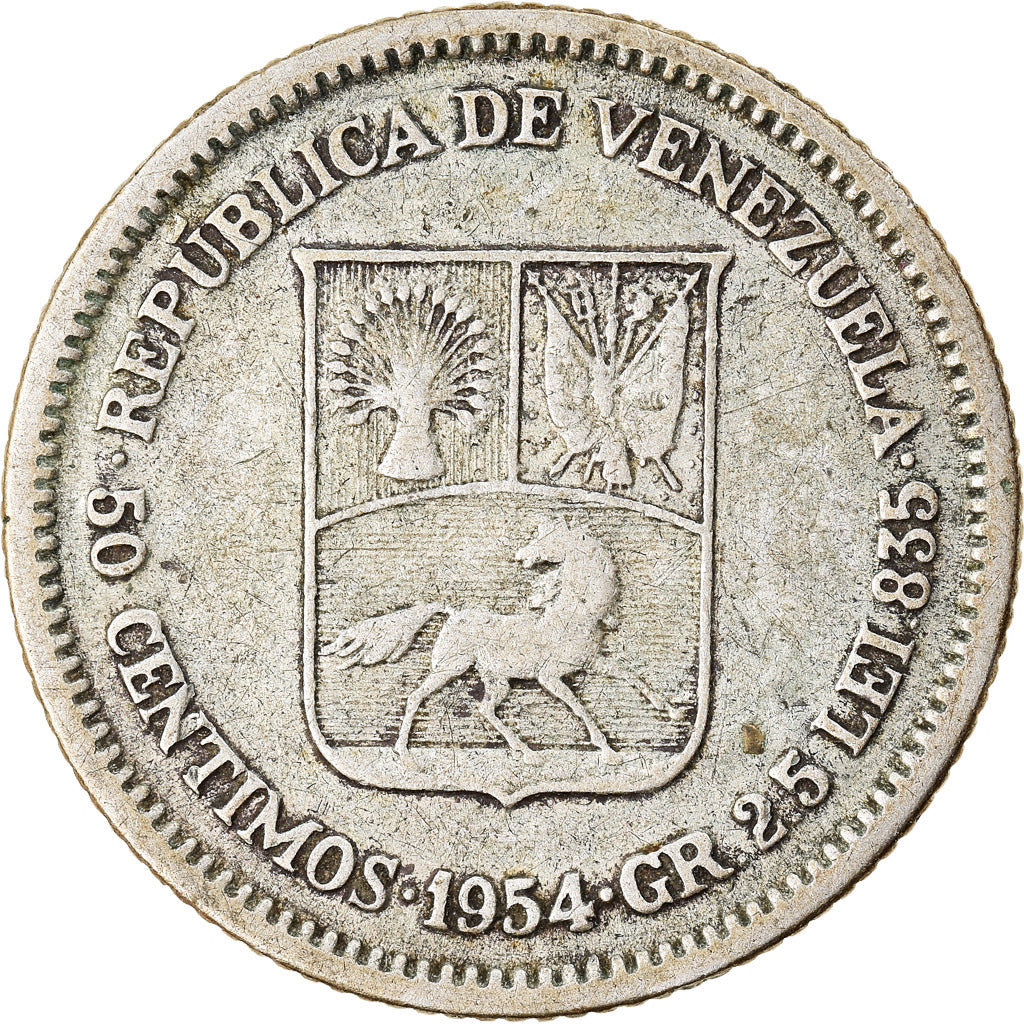 Coin, Venezuela, 50 Centimos, 1954, Philadelphia, EF(40-45), Silver, KM:36