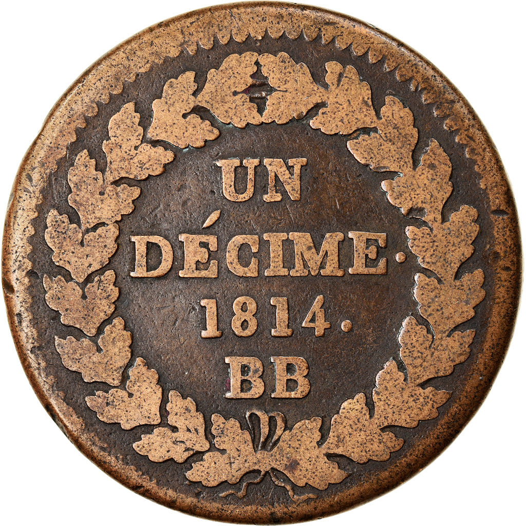 Moneda, Francia, Napoléon I, Decime, 1814, Strasbourg, BC+, Bronce, KM:700