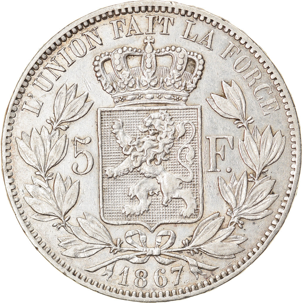 Moneda, Bélgica, Leopold II, 5 Francs, 5 Frank, 1867, MBC, Plata, KM:24
