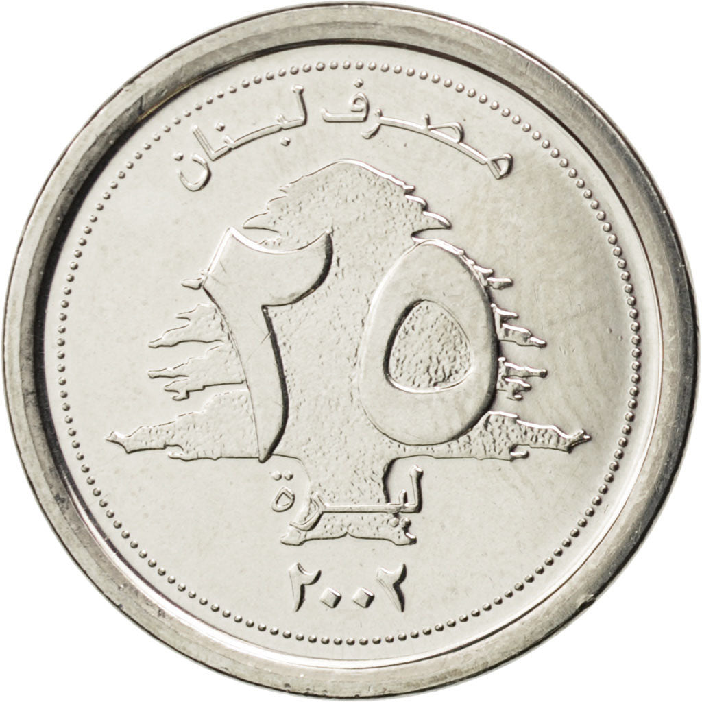 Münze, Lebanon, 25 Livres, 2002, UNZ, Nickel plated steel, KM:40