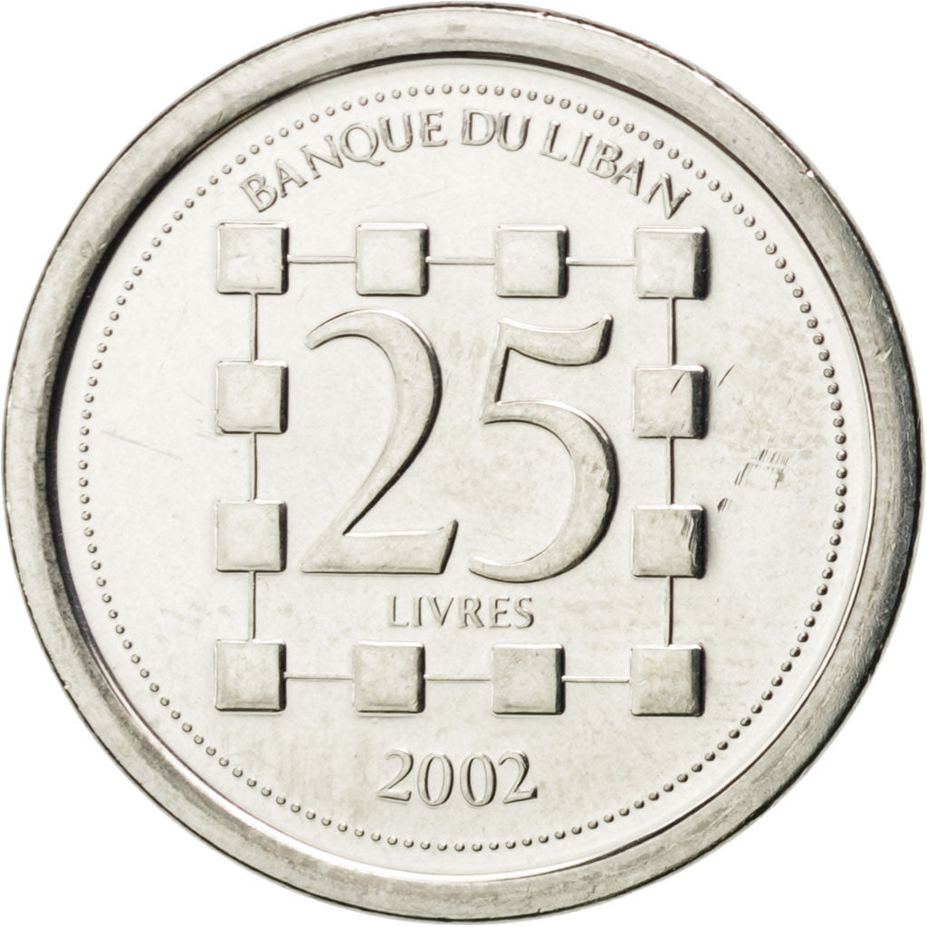 Münze, Lebanon, 25 Livres, 2002, UNZ, Nickel plated steel, KM:40
