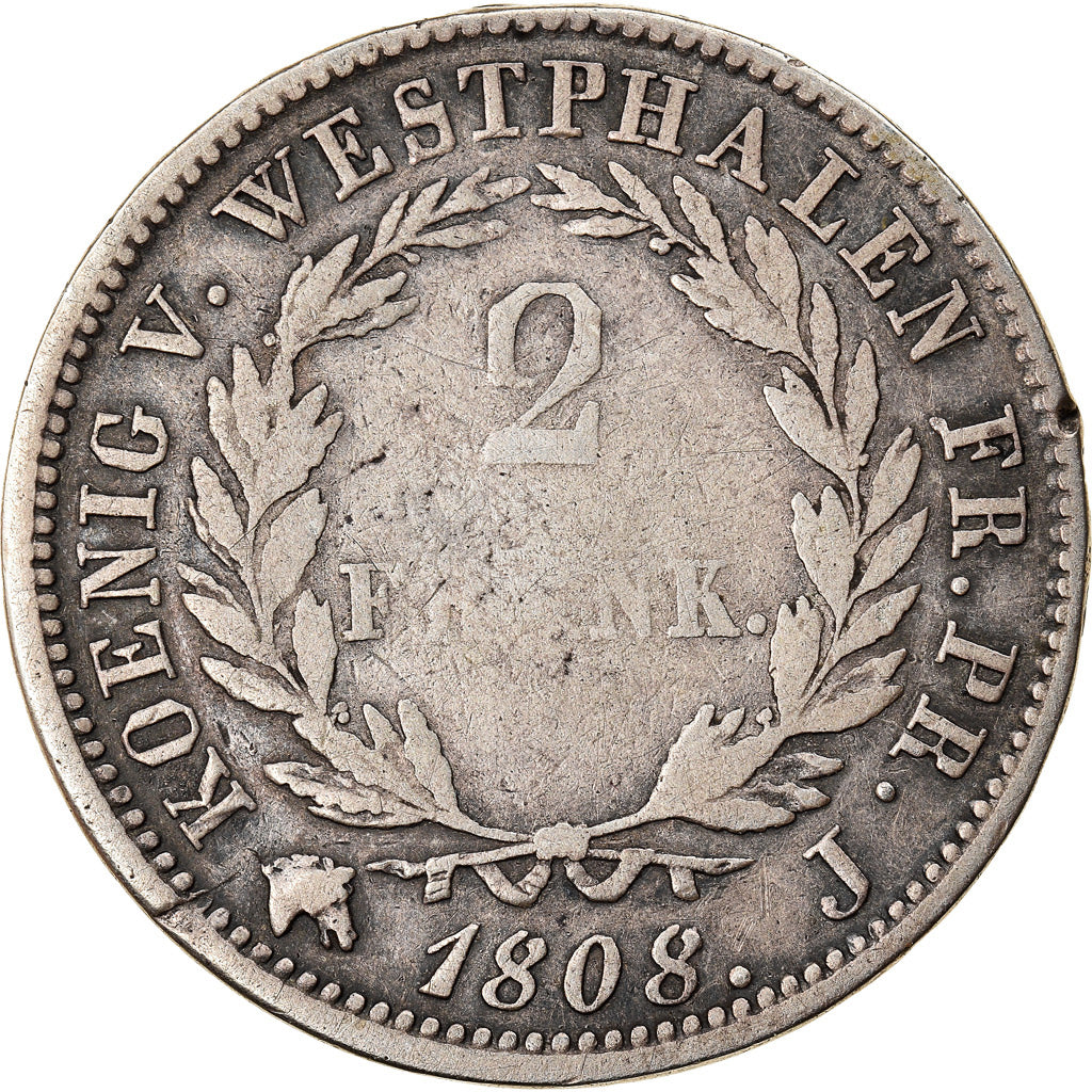 Coin, German States, WESTPHALIA, Jerome, 2 Franken, 1808, Cassel, VF(30-35)