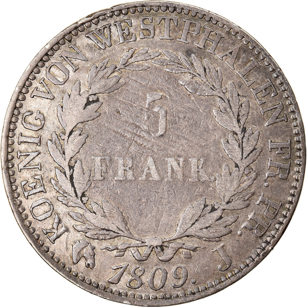 Coin, German States, WESTPHALIA, Jerome, 5 Franken, 1809, Cassel, VF(30-35)