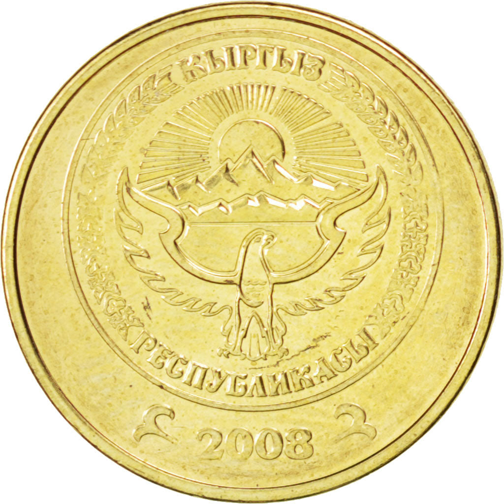 KYRGYZSTAN, 10 Tiyin, 2008, KM #12, MS(63), Brass Plated Steel, 15, 1.30