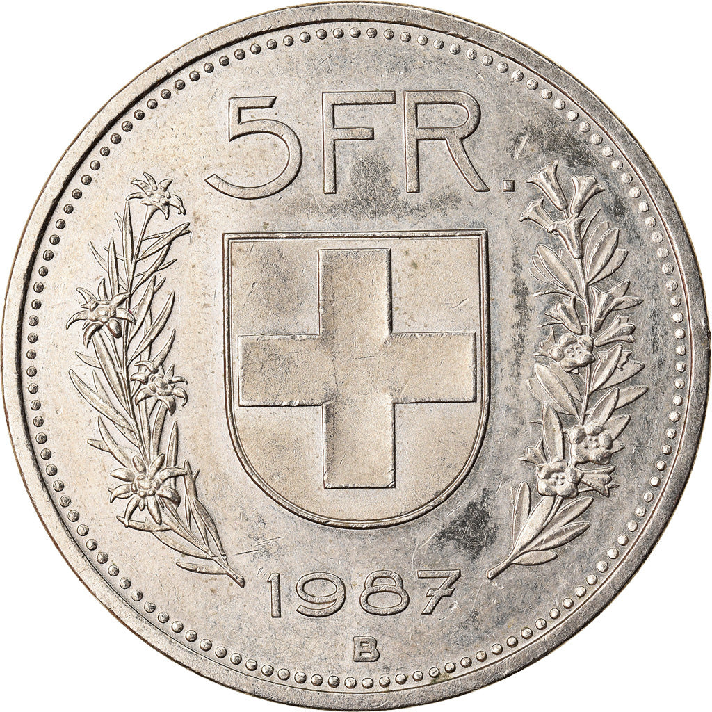 Coin, Switzerland, 5 Francs, 1987, Bern, EF(40-45), Copper-nickel, KM:40a.3