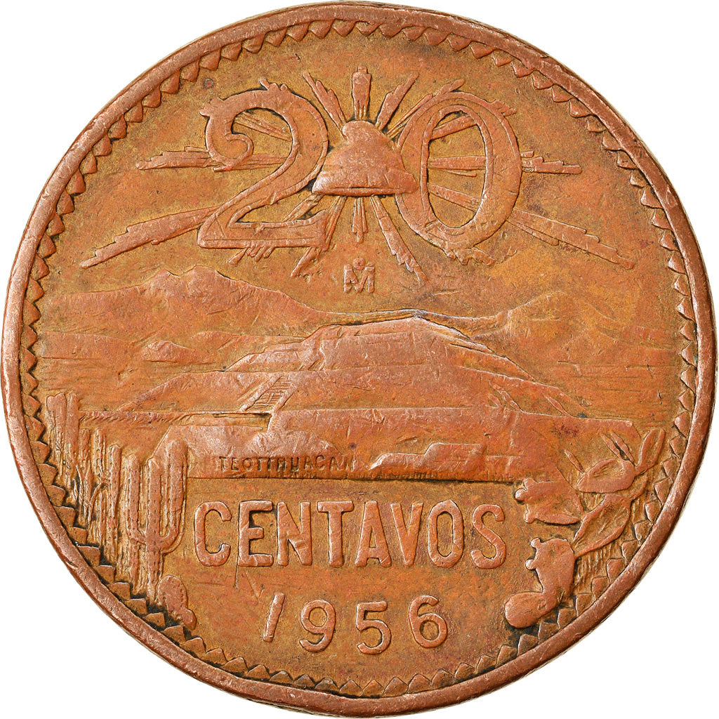 Coin, Mexico, 20 Centavos, 1956, Mexico City, EF(40-45), Bronze, KM:440