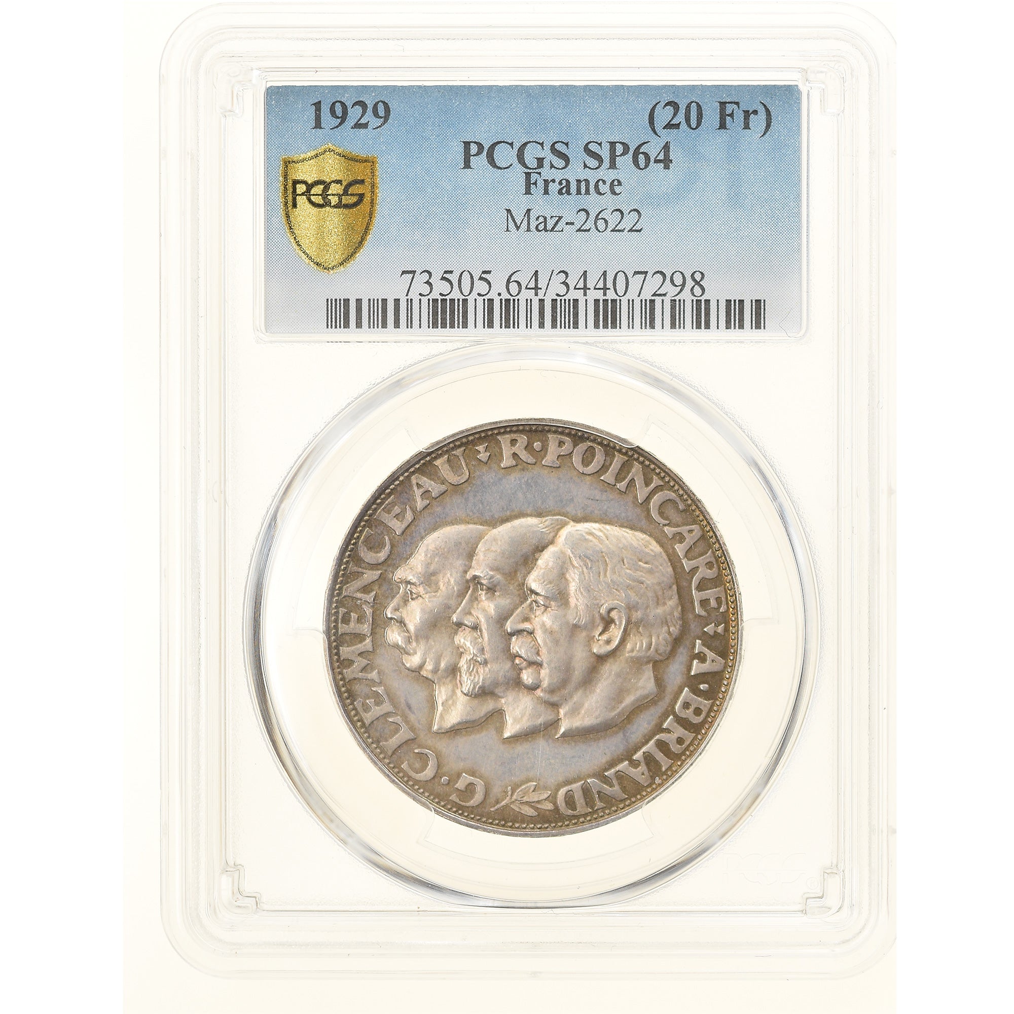 Moneda, Francia, CLEMENCEAU-POINCARE-BRIAND, 20 Francs, 1929, PCGS, SP64, SC+