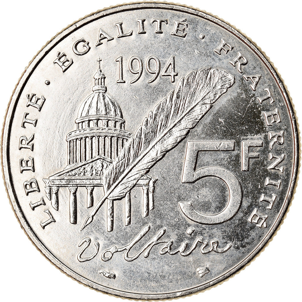 Moneta, Francja, Voltaire, 5 Francs, 1994, Paris, MS(60-62), Nikiel, KM:1063