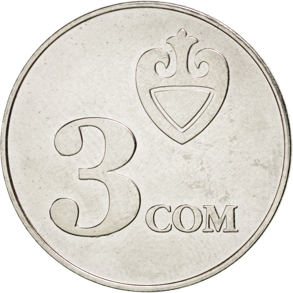 KYRGYZSTAN, 3 Som, 2008, KM #15, MS(63), Nickel Plated Steel, 21, 3.18