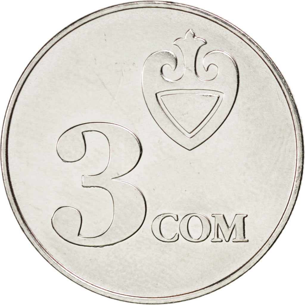 KYRGYZSTAN, 3 Som, 2008, KM #15, MS(63), Nickel Plated Steel, 21, 3.22