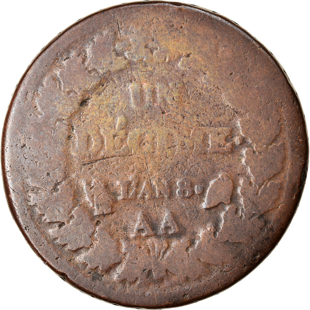 Moneta, Francia, Dupré, Decime, 1799, Metz, B+, Bronzo, KM:644.2, Gadoury:187a