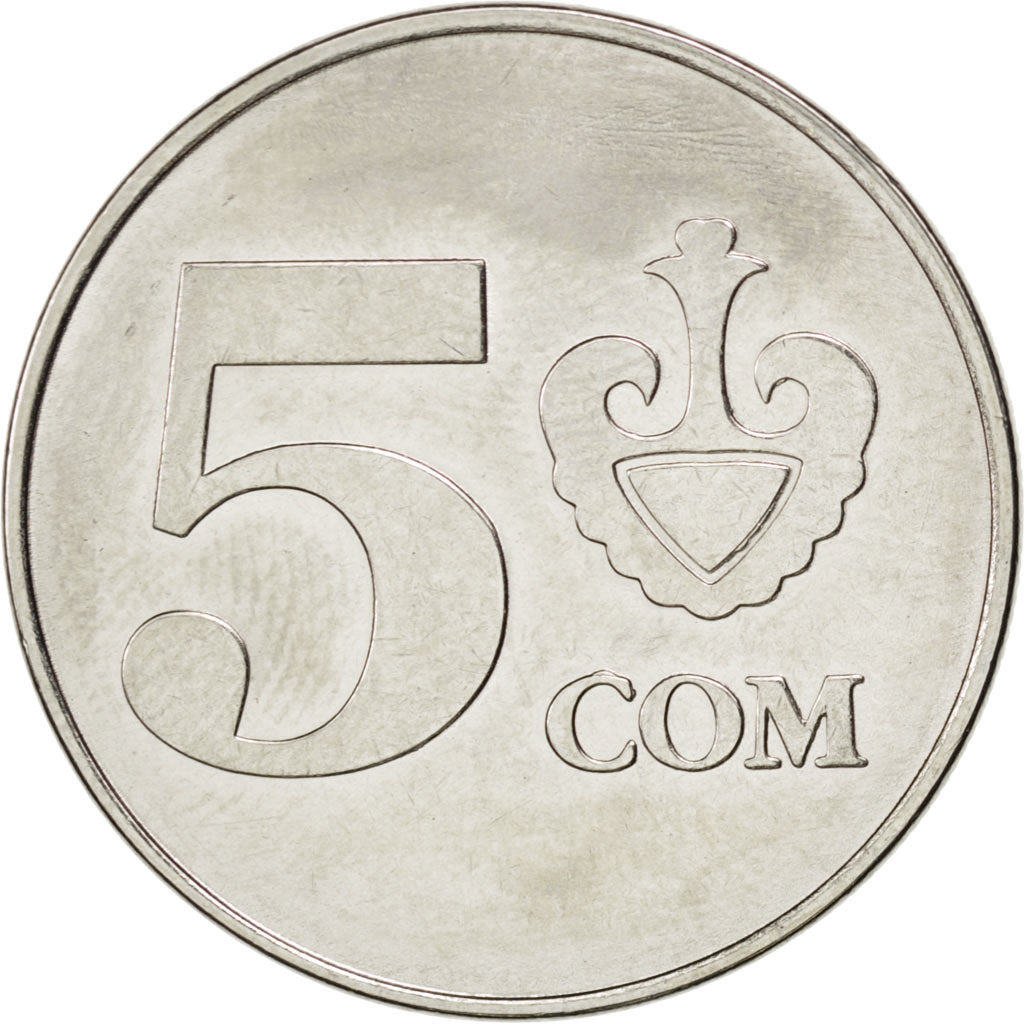 KYRGYZSTAN, 5 Som, 2008, KM #16, MS(63), Nickel Plated Steel, 23, 4.26