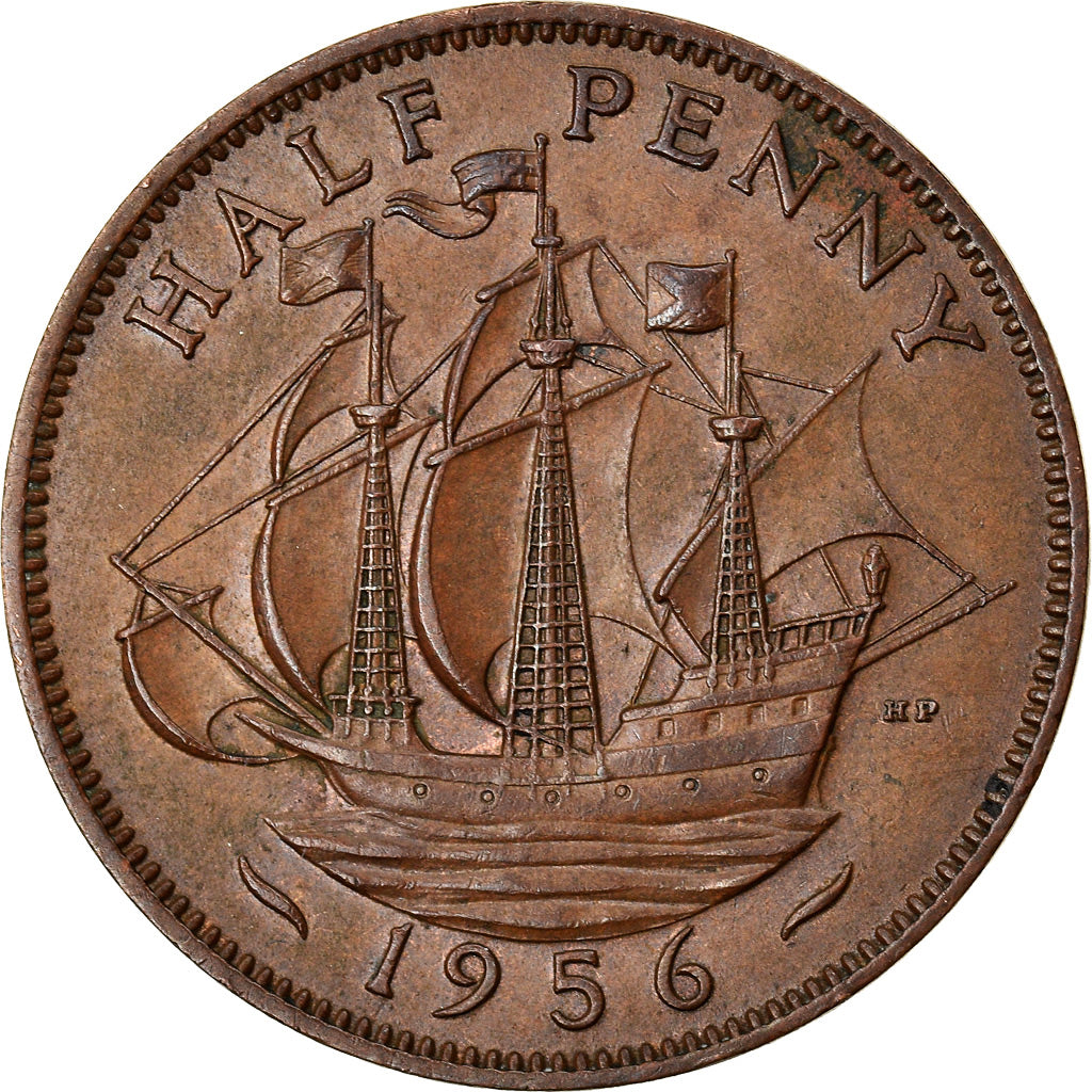 Coin, Great Britain, Elizabeth II, 1/2 Penny, 1956, AU(50-53), Bronze, KM:882