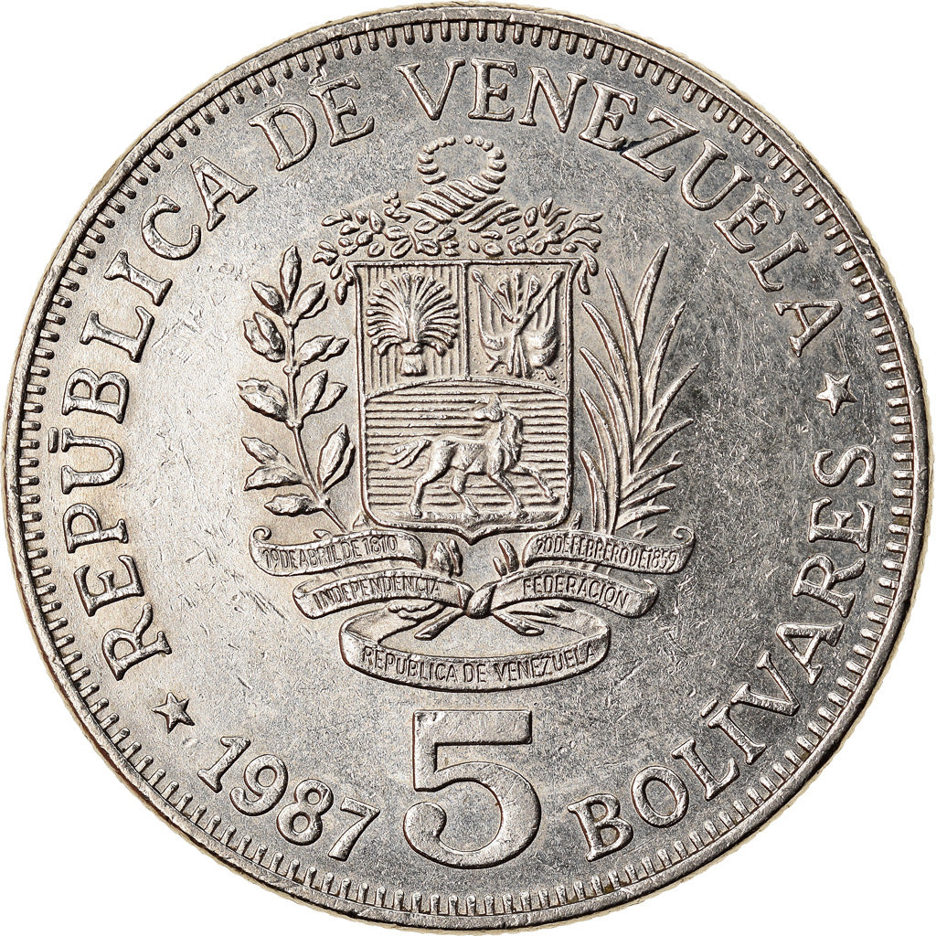 Coin, Venezuela, 5 Bolivares, 1987, AU(55-58), Nickel, KM:53.1