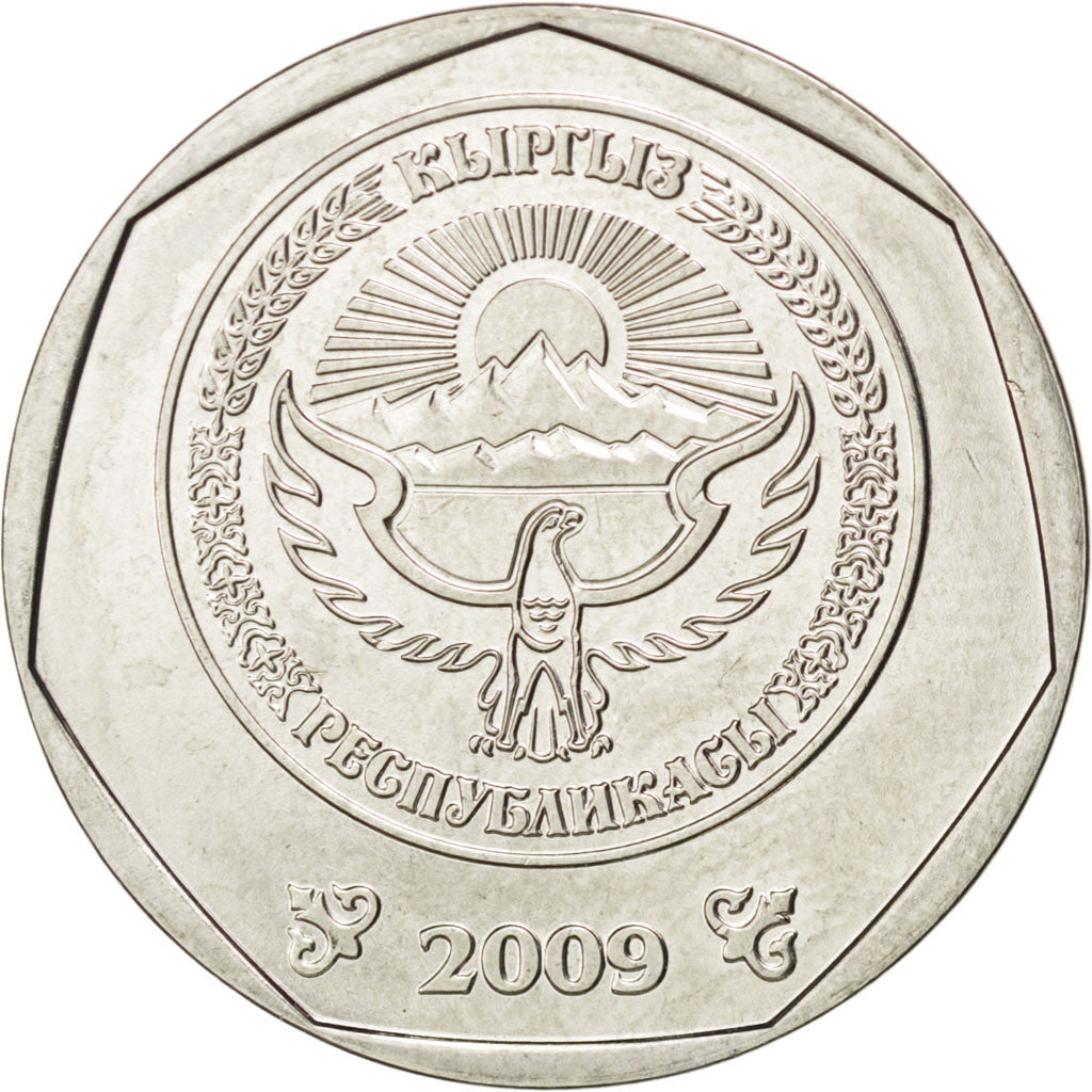 KYRGYZSTAN, 10 Som, 2009, KM #43, MS(63), Nickel Plated Steel, 24.5, 5.36