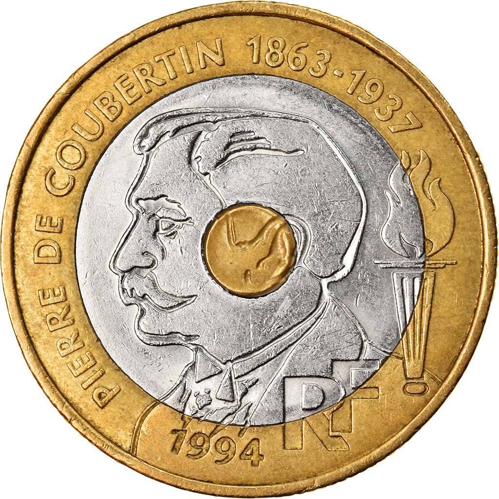 Coin, France, Pierre de Coubertin, 20 Francs, 1994, AU(55-58), Tri-Metallic