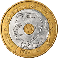 Coin, France, Pierre de Coubertin, 20 Francs, 1994, AU(55-58), Tri-Metallic