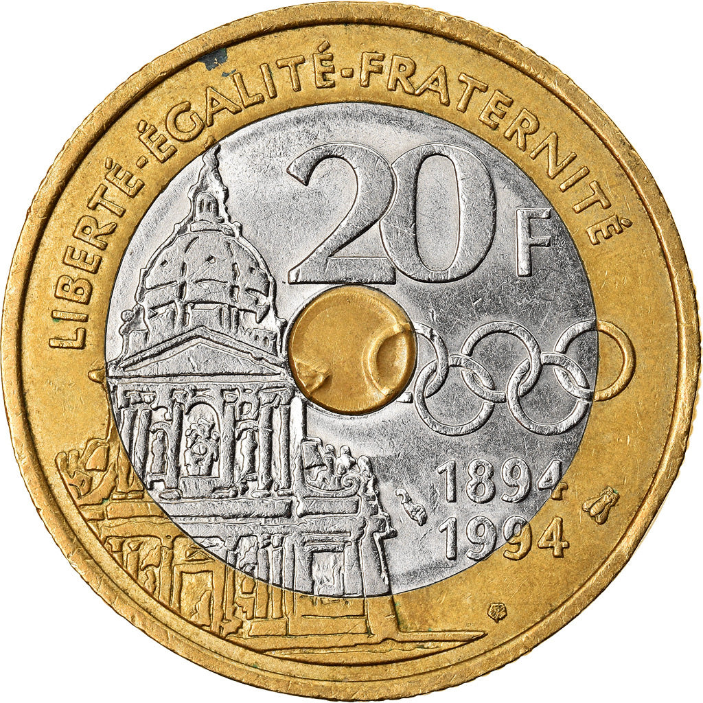 Coin, France, Pierre de Coubertin, 20 Francs, 1994, AU(55-58), Tri-Metallic