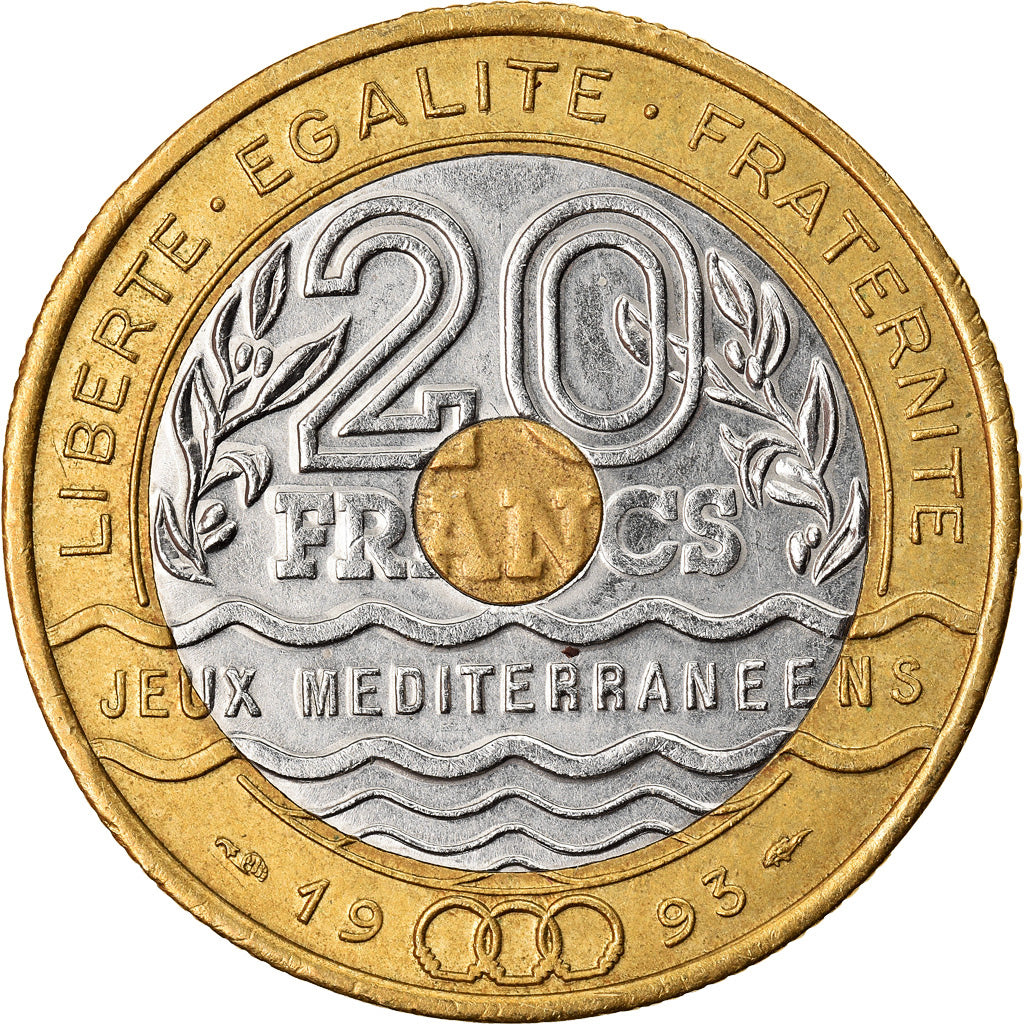 Münze, Frankreich, Jeux Méditerranéens, 20 Francs, 1993, VZ, Tri-Metallic