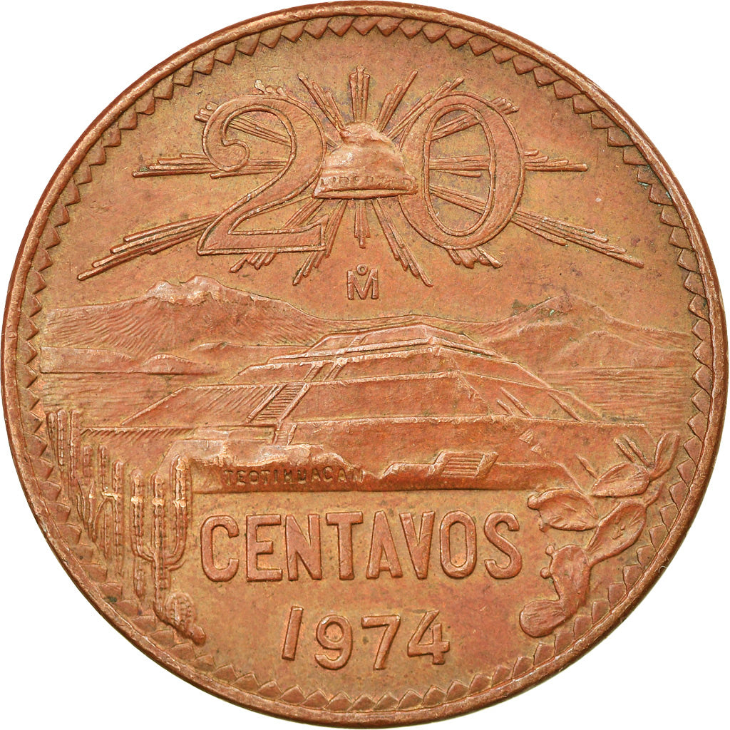 Moneda, México, 20 Centavos, 1974, Mexico City, MBC+, Bronce, KM:441