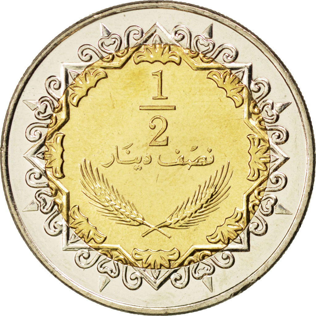 Münze, Libya, 1/2 Dinar, 2004, UNZ, Bi-Metallic, KM:27