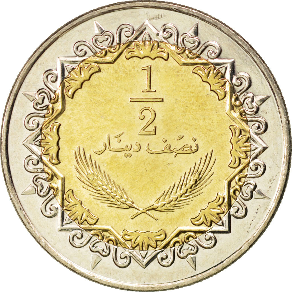 Münze, Libya, 1/2 Dinar, 2004, UNZ, Bi-Metallic, KM:27