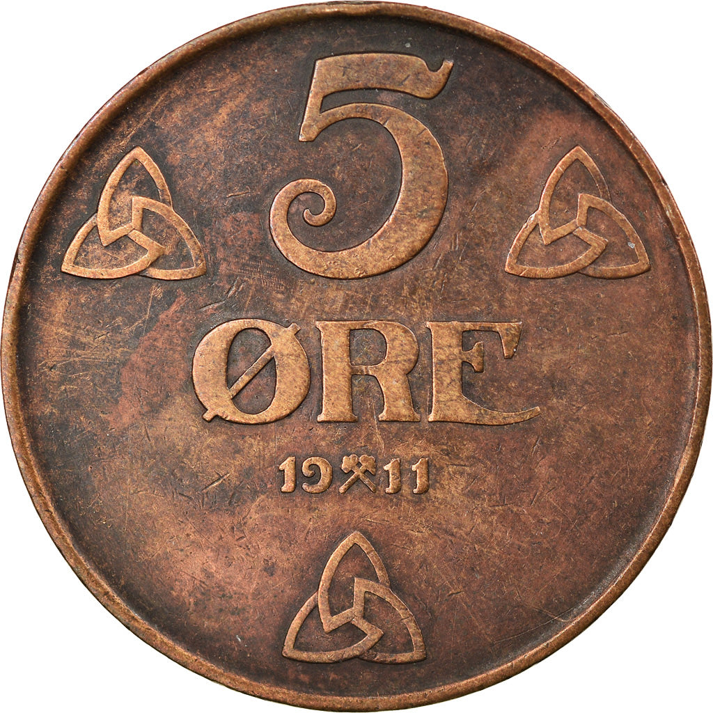 Coin, Norway, Haakon VII, 5 Öre, 1911, Kongsberg, EF(40-45), Bronze, KM:368