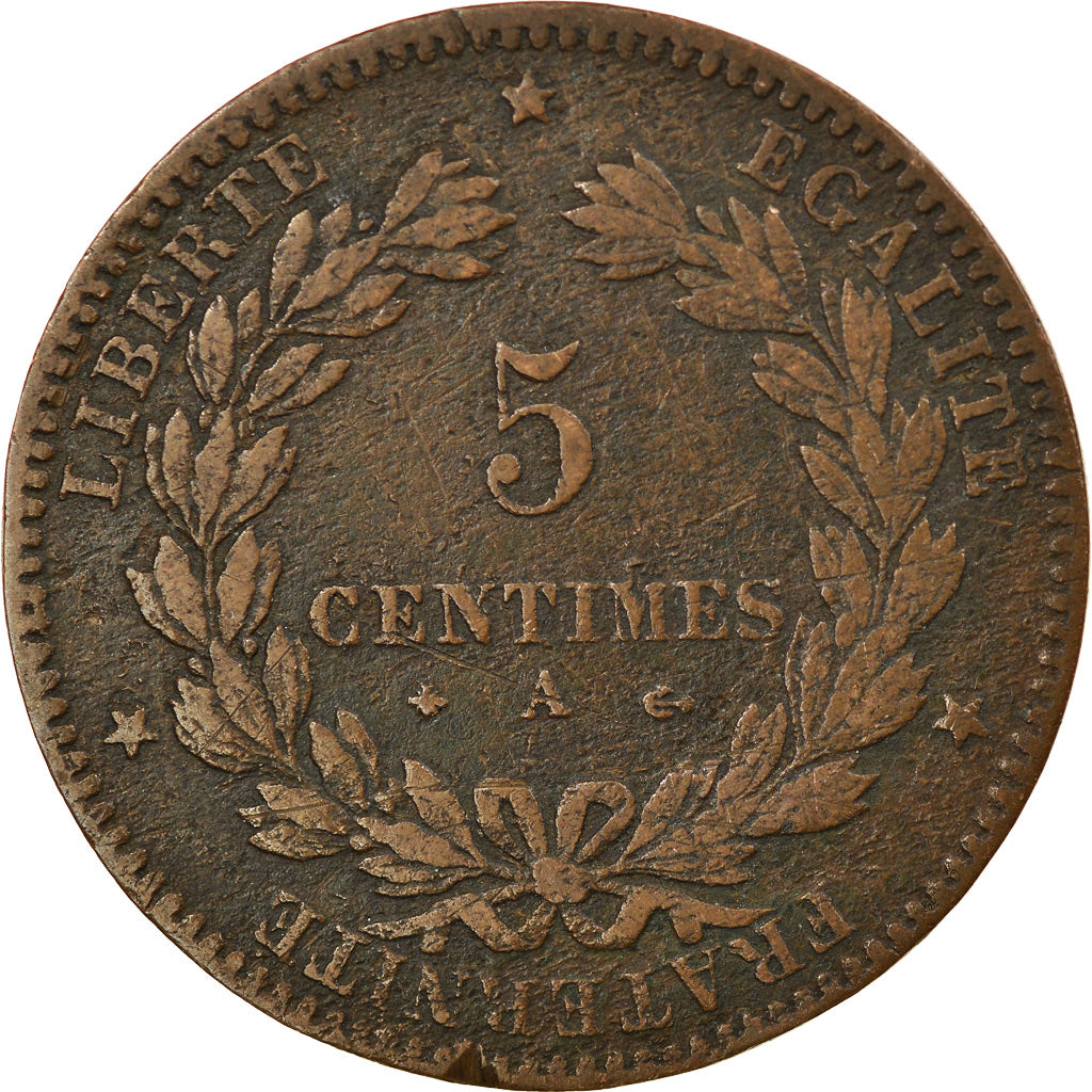Moneta, Francia, Cérès, 5 Centimes, 1877, Paris, MB+, Bronzo, KM:821.1