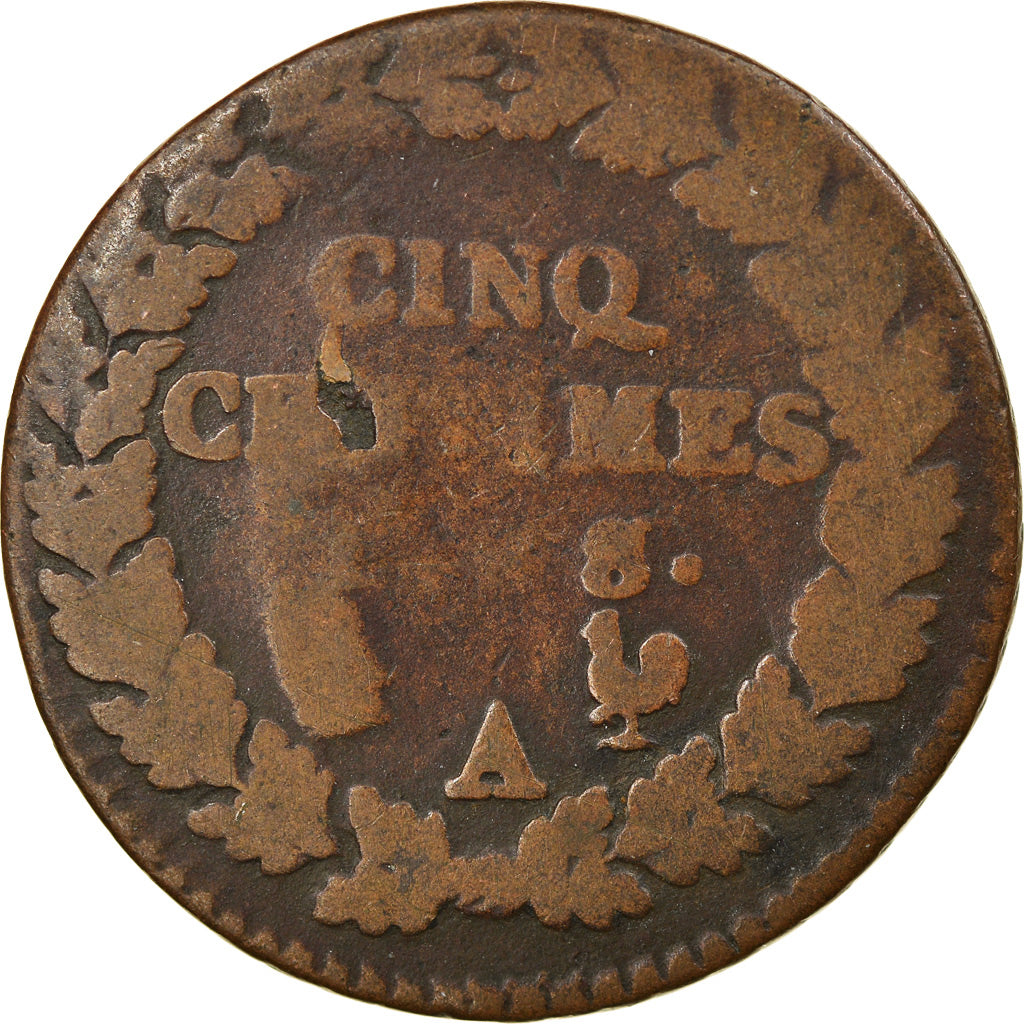 Moneta, Francia, Dupré, 5 Centimes, 1799, Paris, B+, Bronzo, KM:640.1
