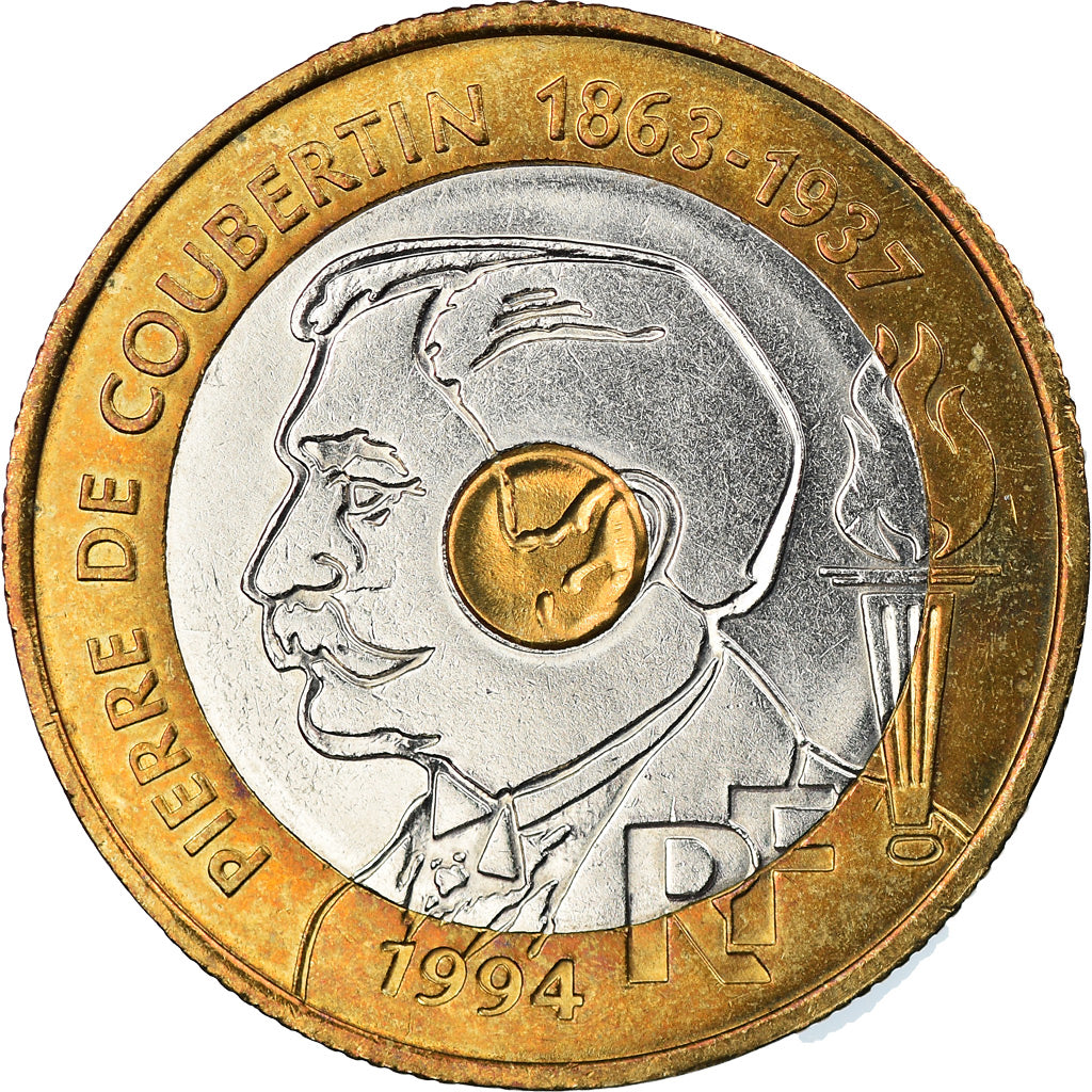 Coin, France, Pierre de Coubertin, 20 Francs, 1994, AU(50-53), Tri-Metallic