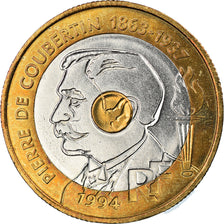 Coin, France, Pierre de Coubertin, 20 Francs, 1994, AU(50-53), Tri-Metallic