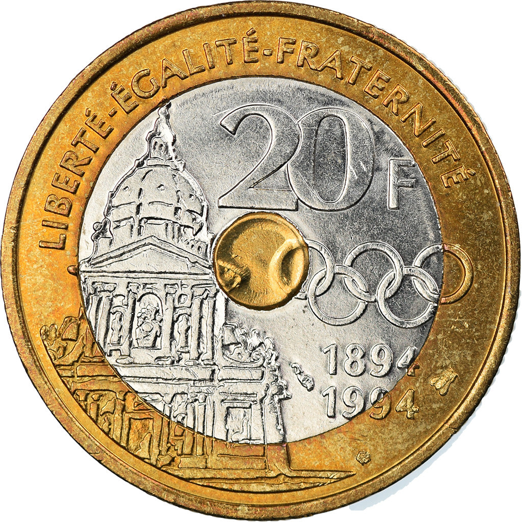 Coin, France, Pierre de Coubertin, 20 Francs, 1994, AU(50-53), Tri-Metallic