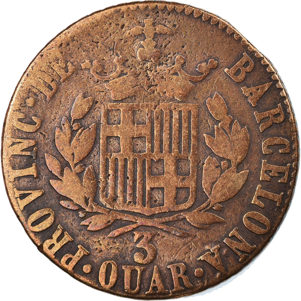 Coin, Spain, BARCELONA, Ferdinand VII, 3 Quartos, 1823, Barcelona,F(12-15)