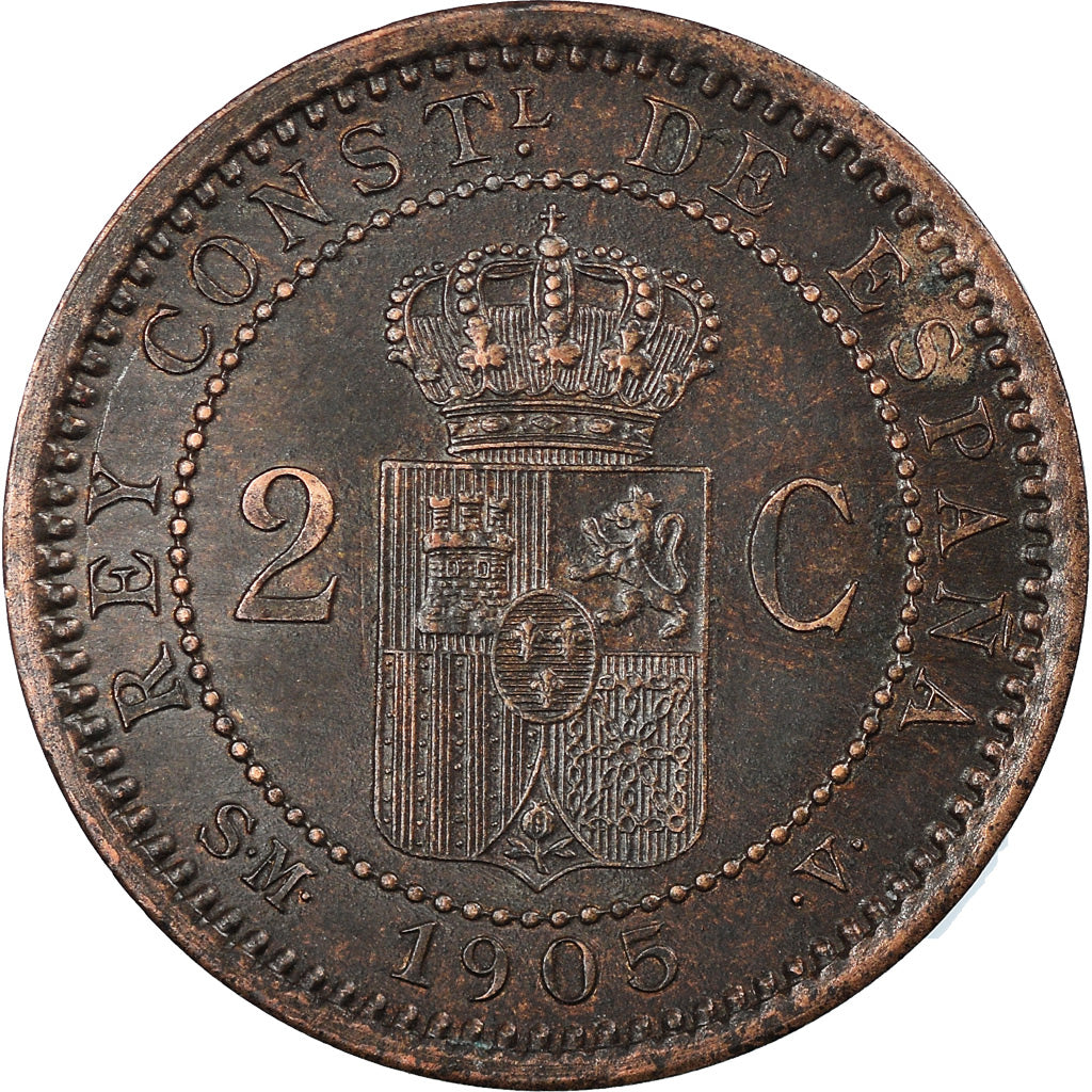 Moneda, España, Alfonso XIII, 2 Centimos, 1905, BC+, Cobre, KM:722