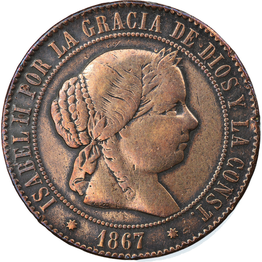 Coin, Spain, Isabel II, 5 Centimos, 1867, Barcelona, EF(40-45), Copper, KM:635.5