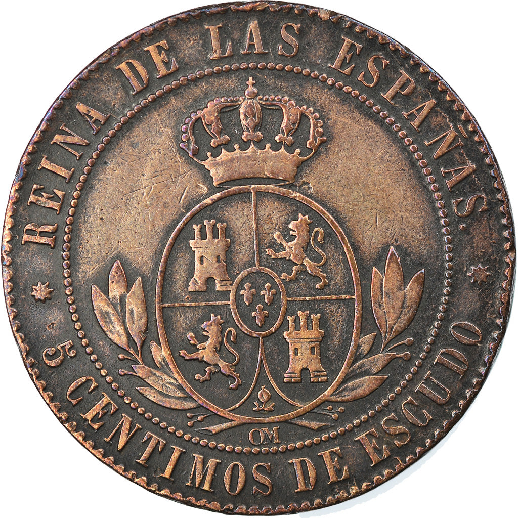 Coin, Spain, Isabel II, 5 Centimos, 1867, Barcelona, EF(40-45), Copper, KM:635.5