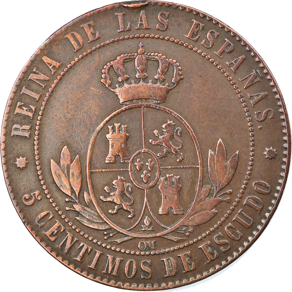 Coin, Spain, Isabel II, 5 Centimos, 1868, Barcelona, EF(40-45), Copper, KM:635.5