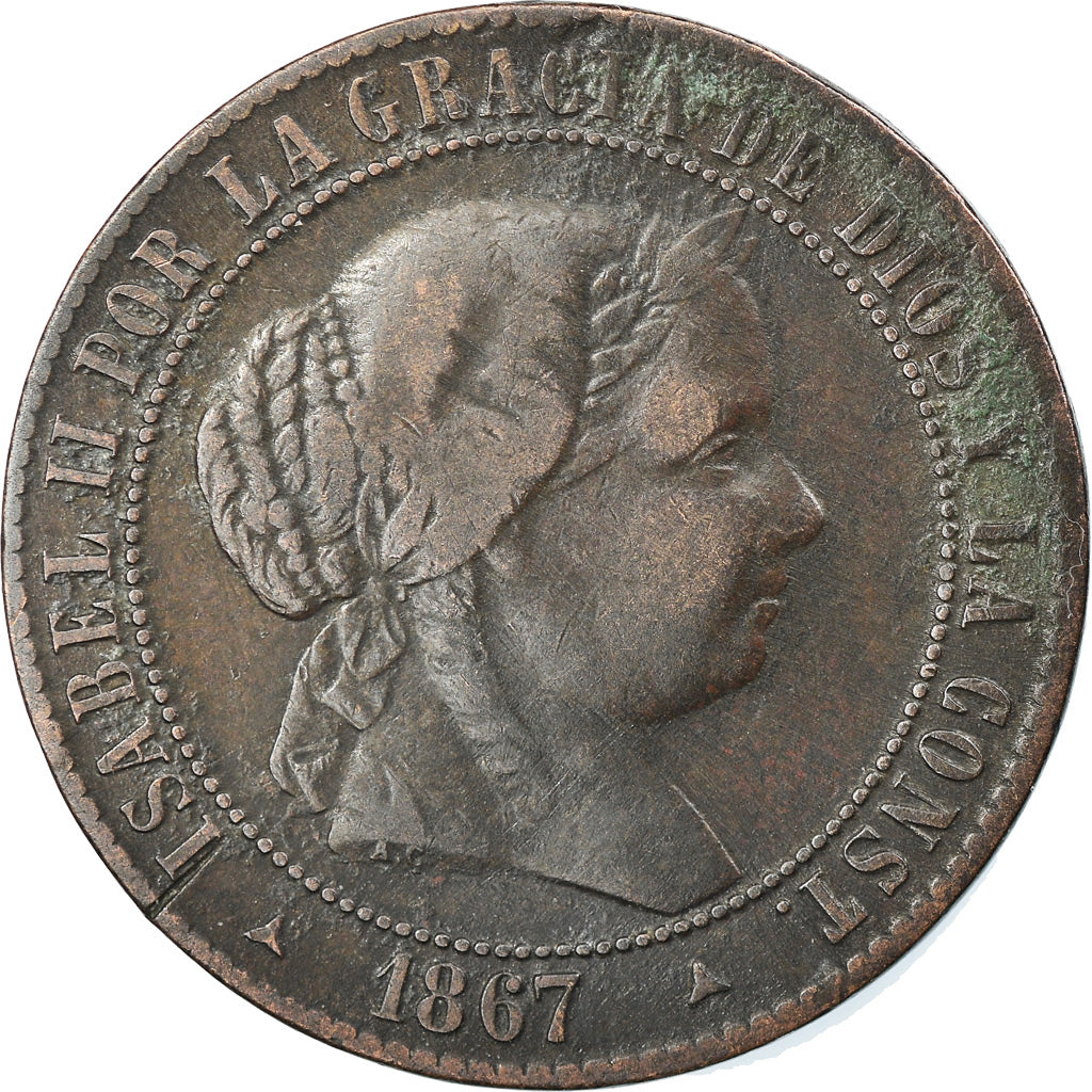 Coin, Spain, Isabel II, 2-1/2 Centimos, 1867, Segovia, EF(40-45), Copper