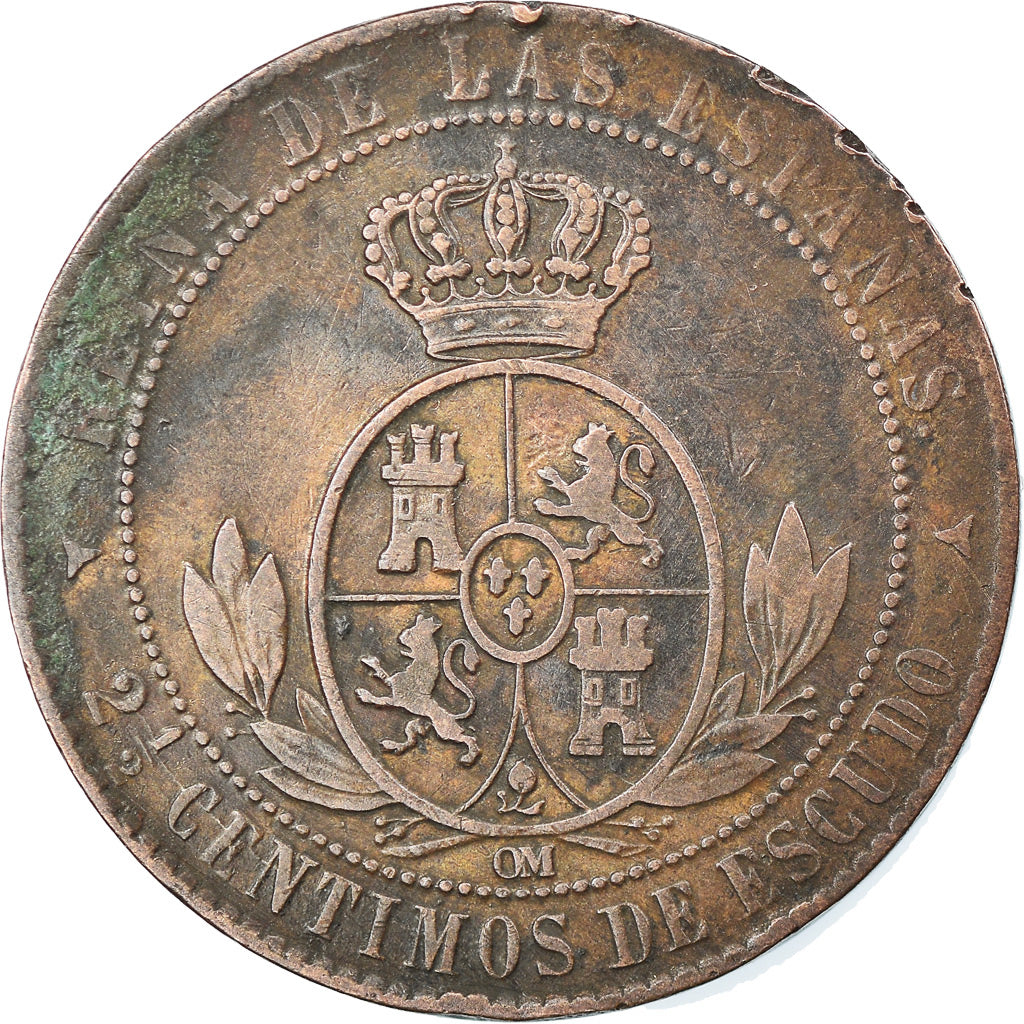 Coin, Spain, Isabel II, 2-1/2 Centimos, 1867, Segovia, EF(40-45), Copper
