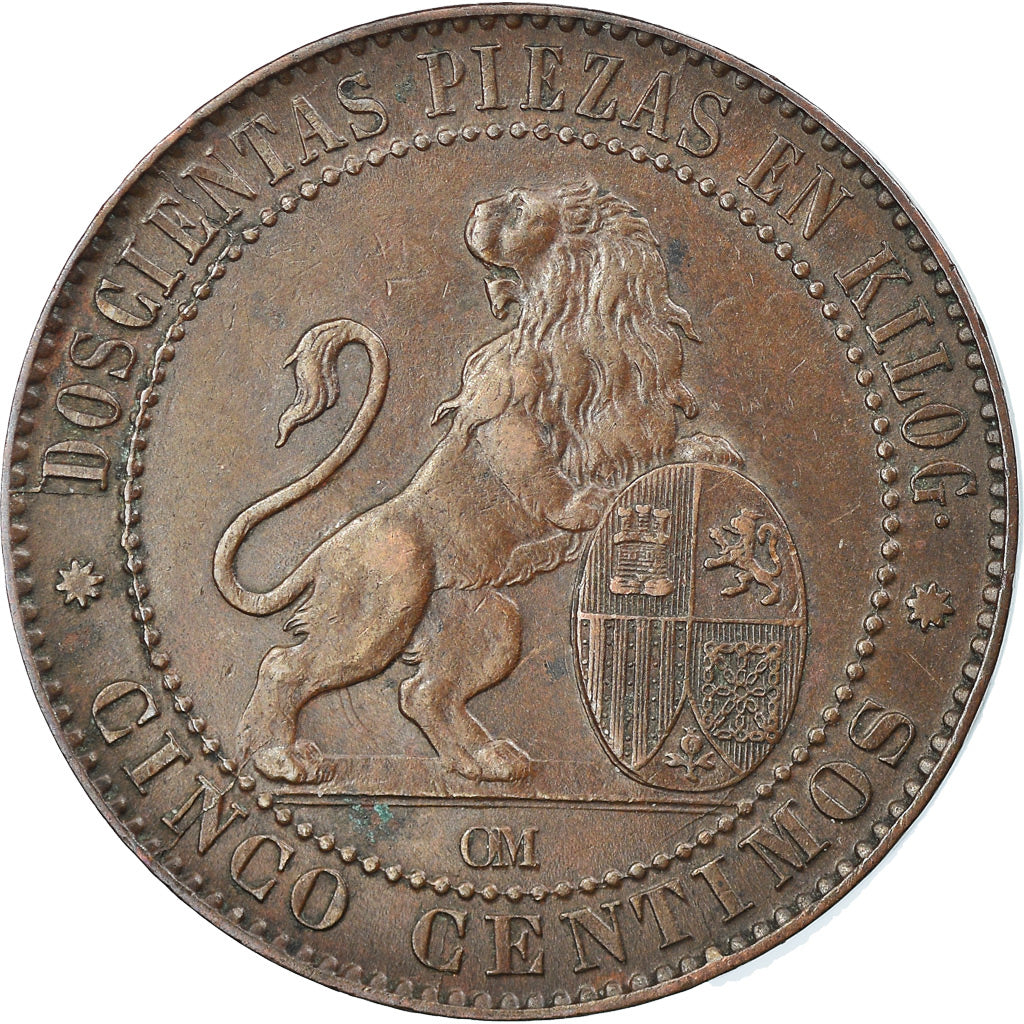Coin, Spain, Provisional Government, 5 Centimos, 1870, Barcelona, AU(50-53)