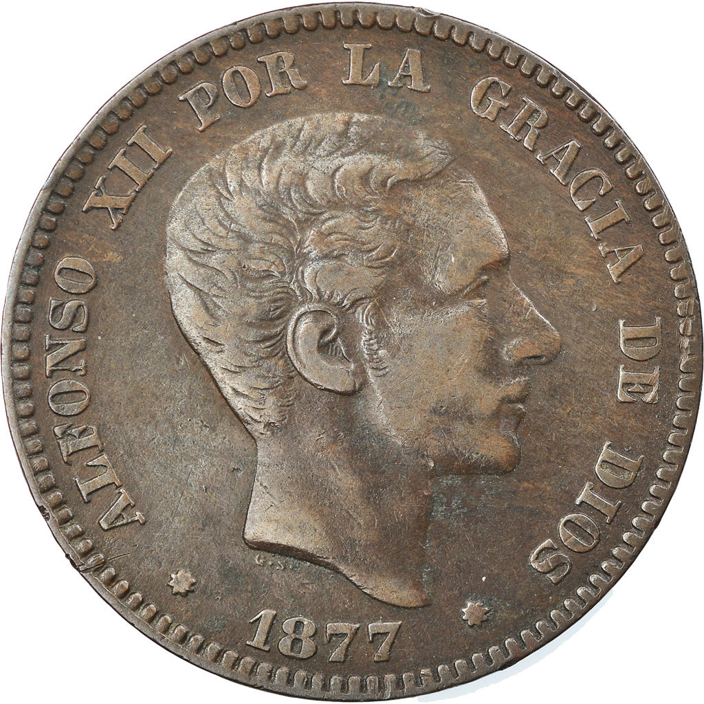 Coin, Spain, Alfonso XII, 10 Centimos, 1877, Barcelona, EF(40-45), Bronze