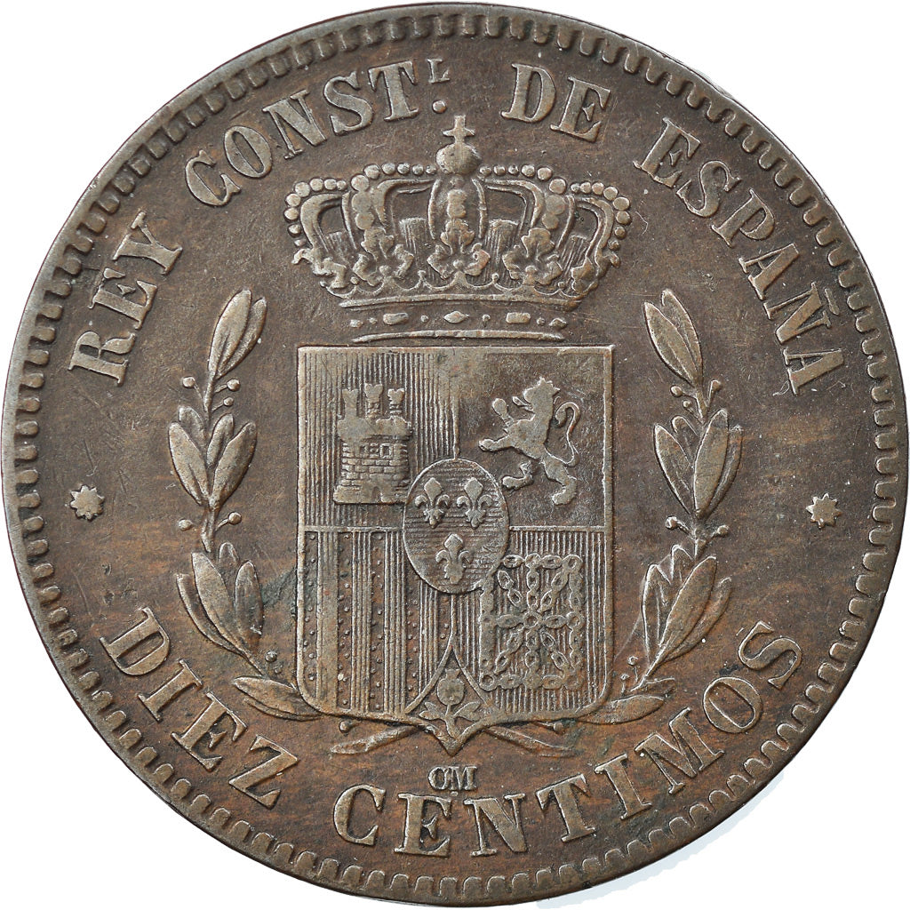 Coin, Spain, Alfonso XII, 10 Centimos, 1877, Barcelona, EF(40-45), Bronze