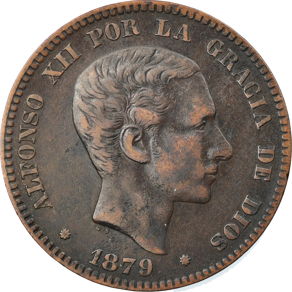 Coin, Spain, Alfonso XII, 10 Centimos, 1879, Barcelona, EF(40-45), Bronze